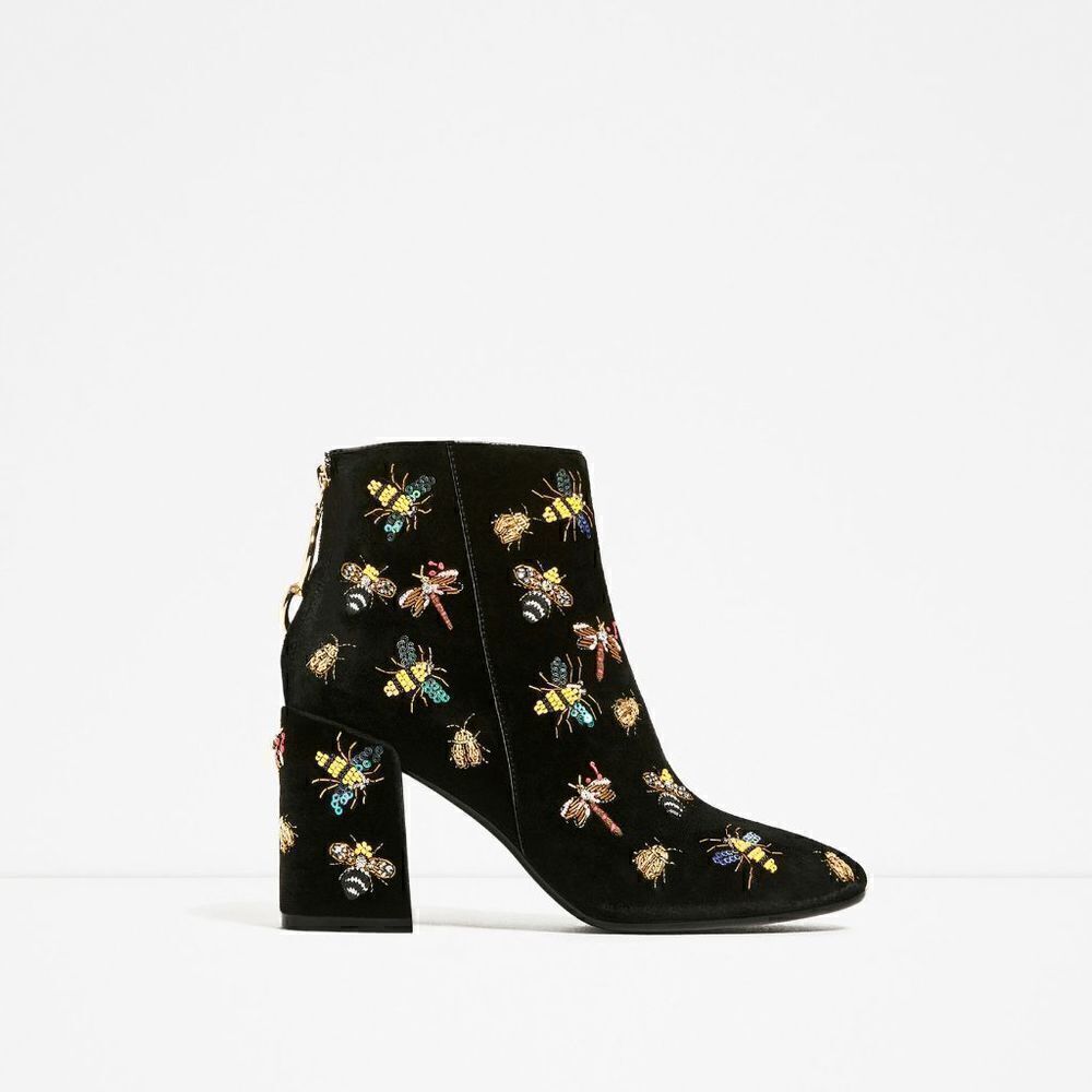 Zara Black Velvet Beaded Bug Boots Embellished Insect Ankle Booties